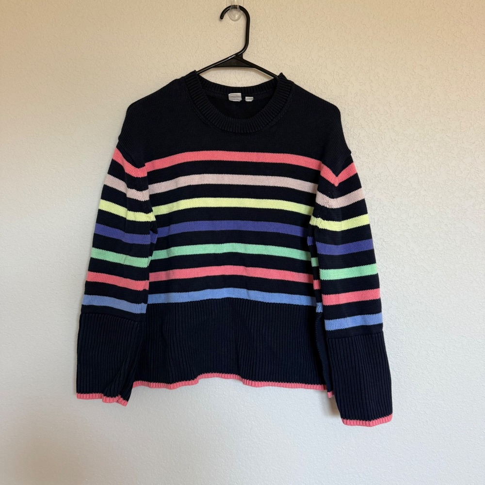 Gap Womens Navy Multi Color Striped Cotton Crewneck Knit Sweater Side Slit Small